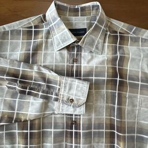 Scott Barber Casual Button Down Shirt, Brown Plaid, Size XL